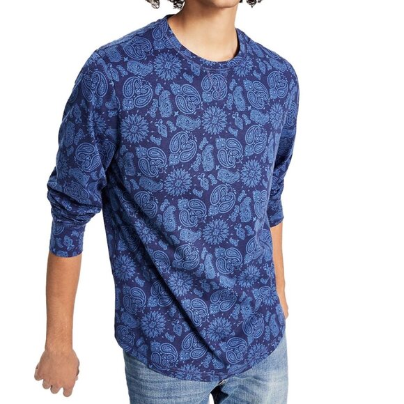 NEW Mens Sun + Stone Printed Shirt Blue Round Neck Long Sleeve Medium Cotton Ble - Picture 1 of 11